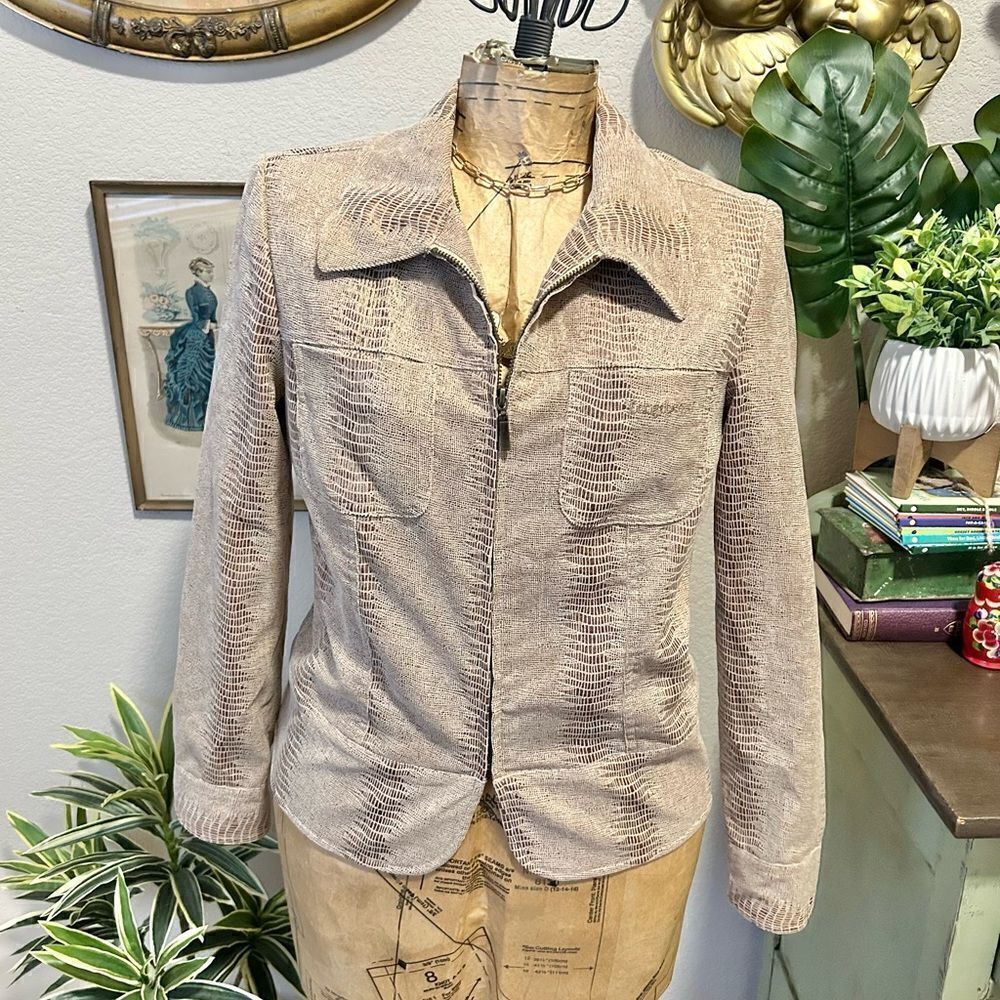 Longaberger Homestead Tan Metallic Snakeskin Zip Up Blazer Jacket Sz S